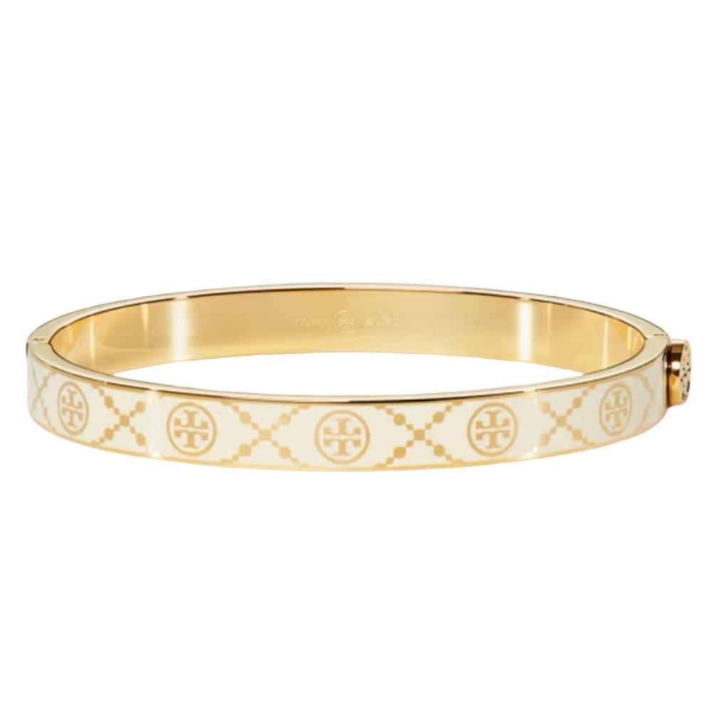 TORY BURCH • Ivory White Double T Monogram Hinge Bangle Bracelet Includes Pouch